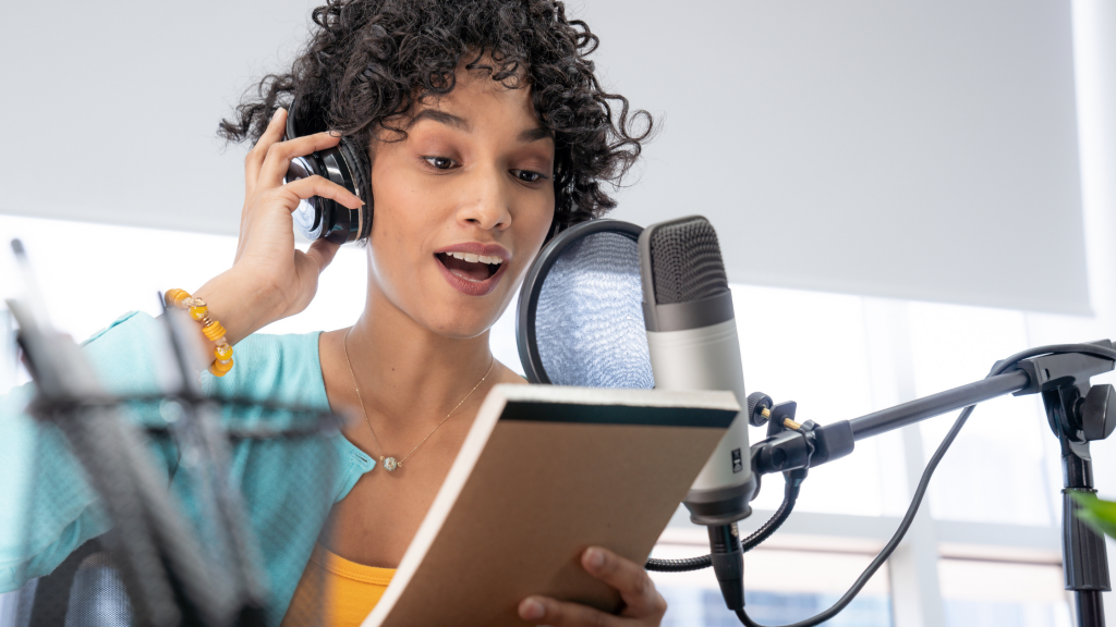 Woman sharing information with donors via podcast